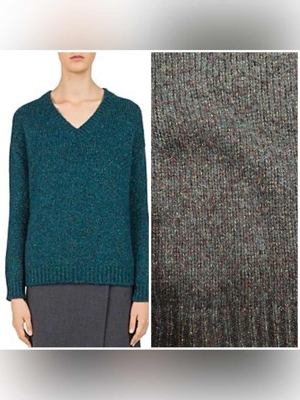Gerard Darel Paris / Ciara  metallic teal chunky v-neck  wool blend sweater 3 M